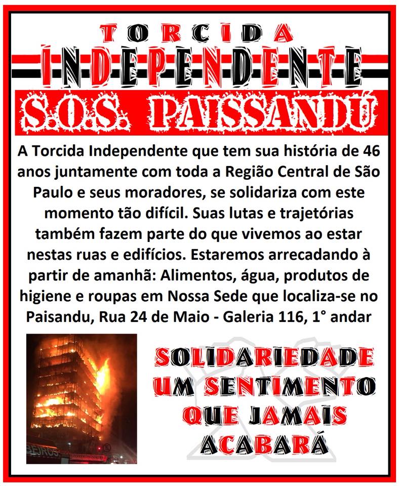 Leia mais sobre o artigo Torcida Independente arrecada mantimentos e doa para vítimas do prédio no Largo do Paissandú