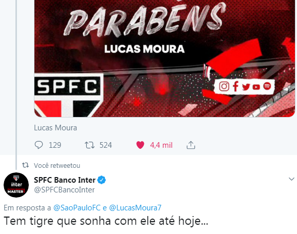 Leia mais sobre o artigo São Paulo posta parabéns para Lucas e Banco Inter: “Tem tigre que sonha com ele até hoje…”