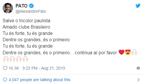 Leia mais sobre o artigo Pato comemora vitória postando o hino são-paulino no Twitter