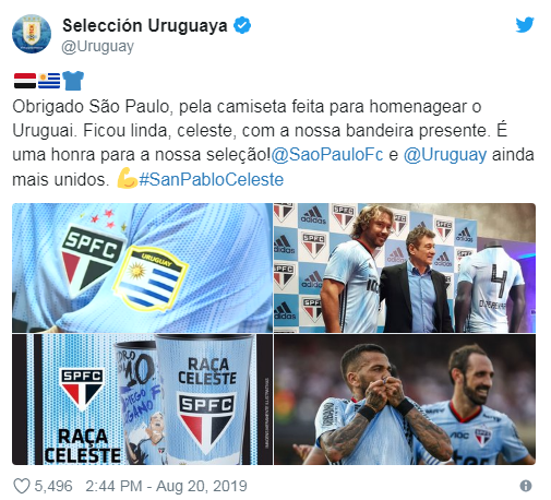 Leia mais sobre o artigo Seleção uruguaia faz postagem agradecendo homenagem da camisa Tricolor Celeste e fará sorteio