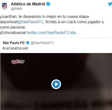 Leia mais sobre o artigo Atlético Madrid deseja sucesso para Juanfran e avisa: “Contratou um craque como pessoa e jogador”