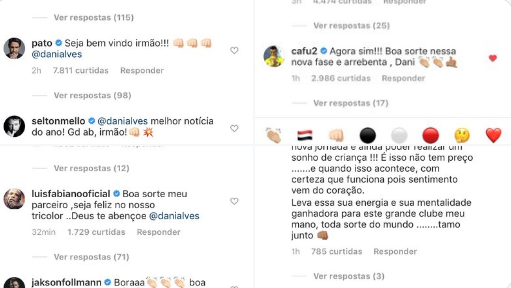 Leia mais sobre o artigo Kaká, Pato, Luís Fabiano, entre outros postam mensagem de boas-vindas para Daniel Alves