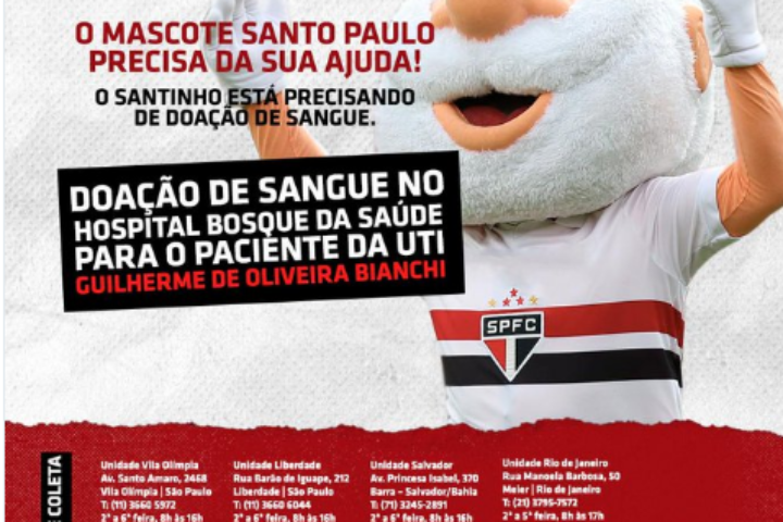 Rivais apoiam campanha são-paulina para doação de sangue ao filho do mascote Tricolor