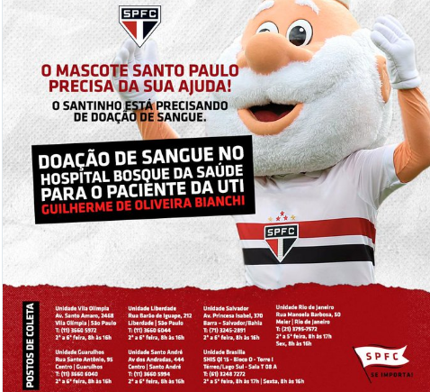 Leia mais sobre o artigo Rivais apoiam campanha são-paulina para doação de sangue ao filho do mascote Tricolor