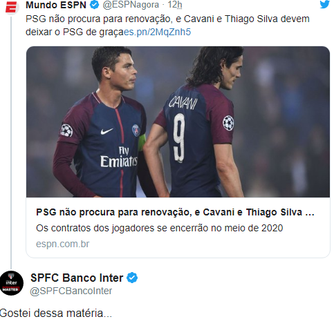 Leia mais sobre o artigo Patrocinador comenta em postagem sobre Cavani e Thiago Silva e agita torcedor do São Paulo