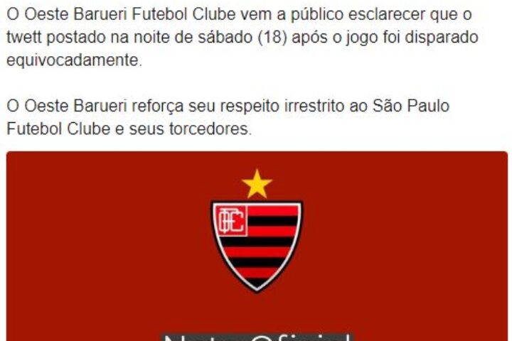 Depois de zoeira, Oeste posta desculpas: “Reforça seu respeito irrestrito ao São Paulo e seus torcedores”