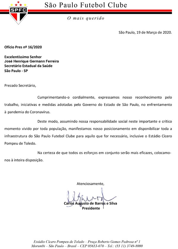 Leia mais sobre o artigo São Paulo solta nota disponibilizando infraestrutura do clube para utilização contra o coronavírus