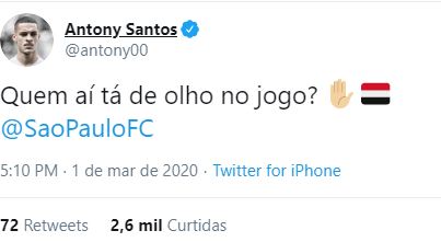 Leia mais sobre o artigo Fora por lesão, Antony ‘narra’ jogo no Twitter