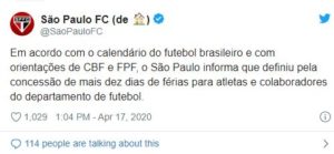 Leia mais sobre o artigo São Paulo anuncia mais 10 dias de férias para atletas e departamento de futebol