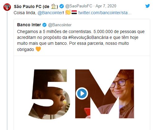Leia mais sobre o artigo Renovação próxima? Banco Inter chega em 5 milhões de correntistas e gera interação com São Paulo