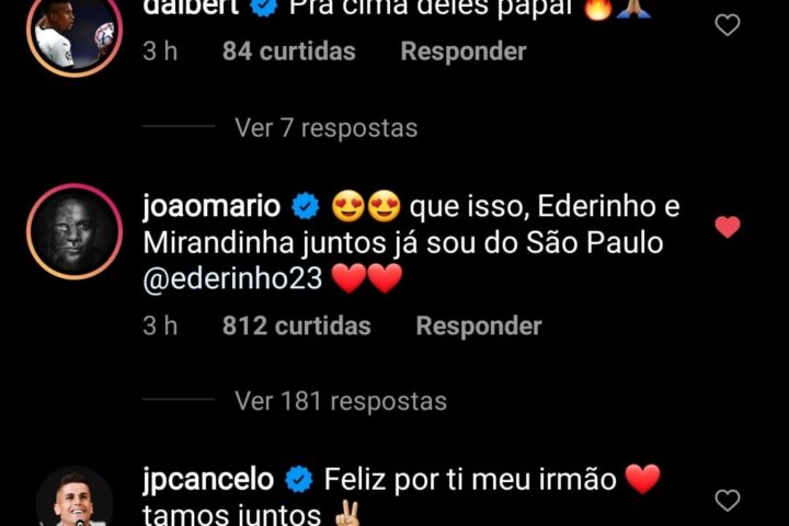 Meia português brinca em post: “Eder e Miranda juntos, já sou do São Paulo”
