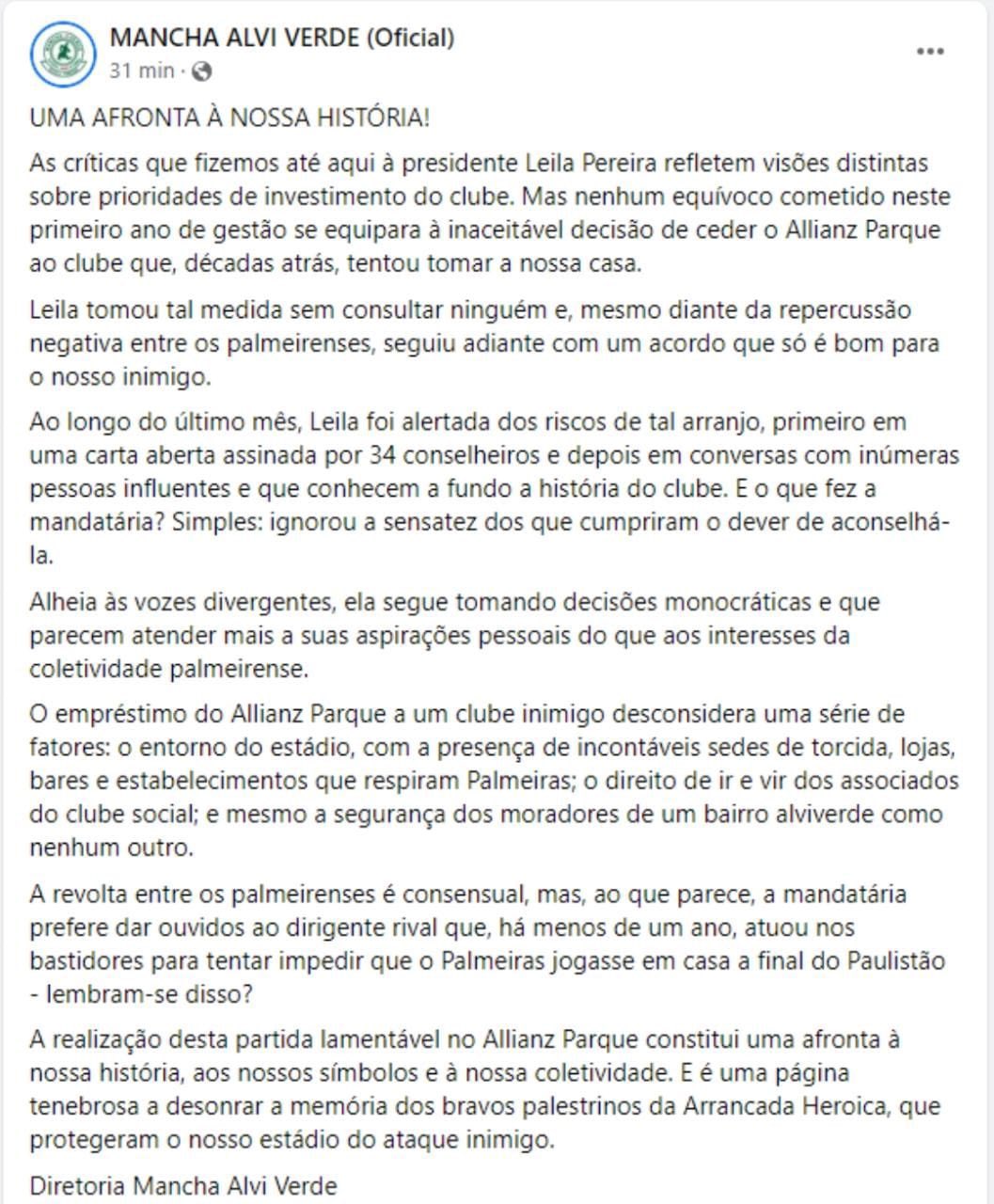 Leia mais sobre o artigo “Uma afronta a nossa história”: Torcida Organizada do Palmeiras critica uso do Allianz pelo São Paulo